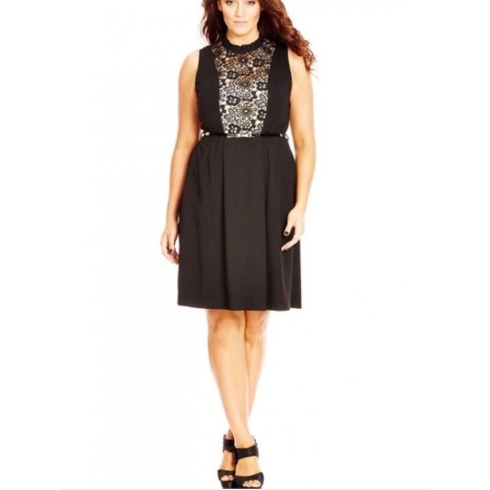 City Chic Lady Victoria Black Sleeveless Ruffle Neck Dress Lace Yoke‎ Size 22